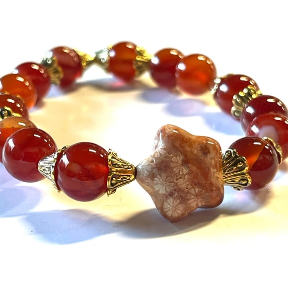 Natural Red Carnelian Bracelet with Coral Jasper Star Crystal Gemstone - Picture 5 of 6